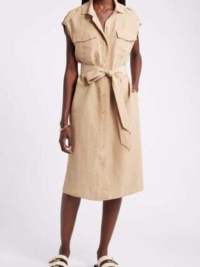 Nordstrom Tan Silky Linen Blend Midi Utility Shirt Dress Medium